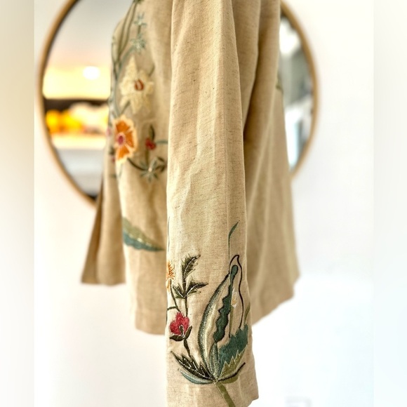 Tapestry Patch Beige Linen Floral Embroidered Lined Jacket Chunky Button Medium - Picture 4 of 9